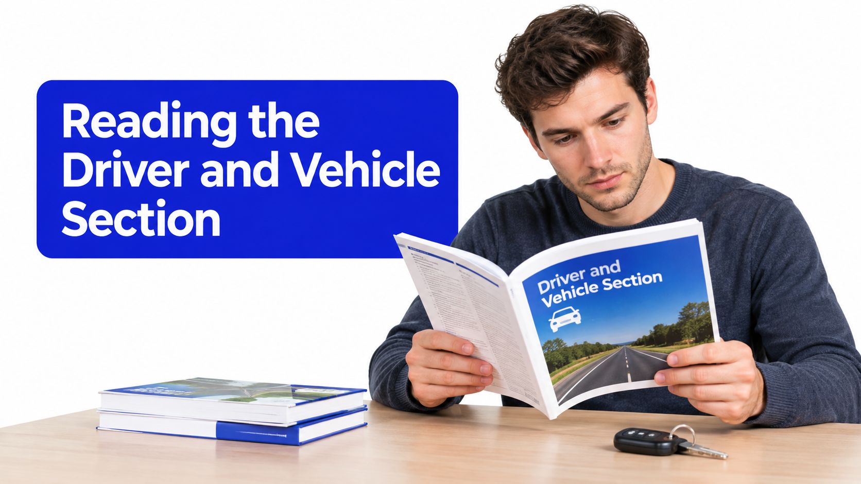 A young man sitting at a desk reading a driver and vehicle section manual.