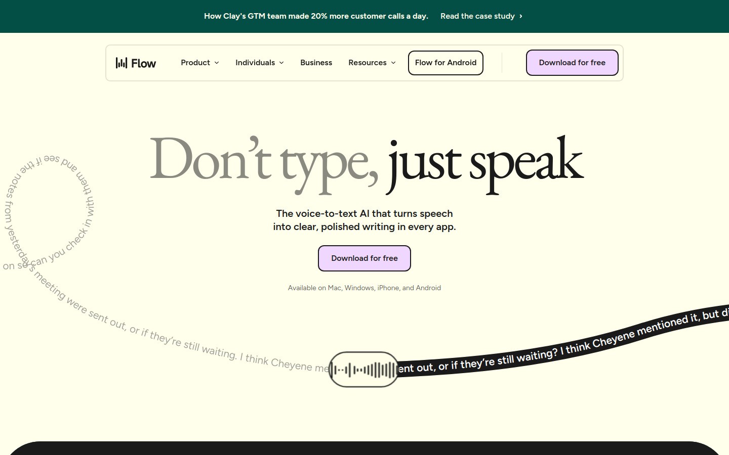 Wispr Flow homepage screenshot for AI-assisted dictation