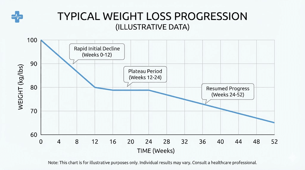 Typical tirzepatide weight loss curve showing plateau and resumed progress