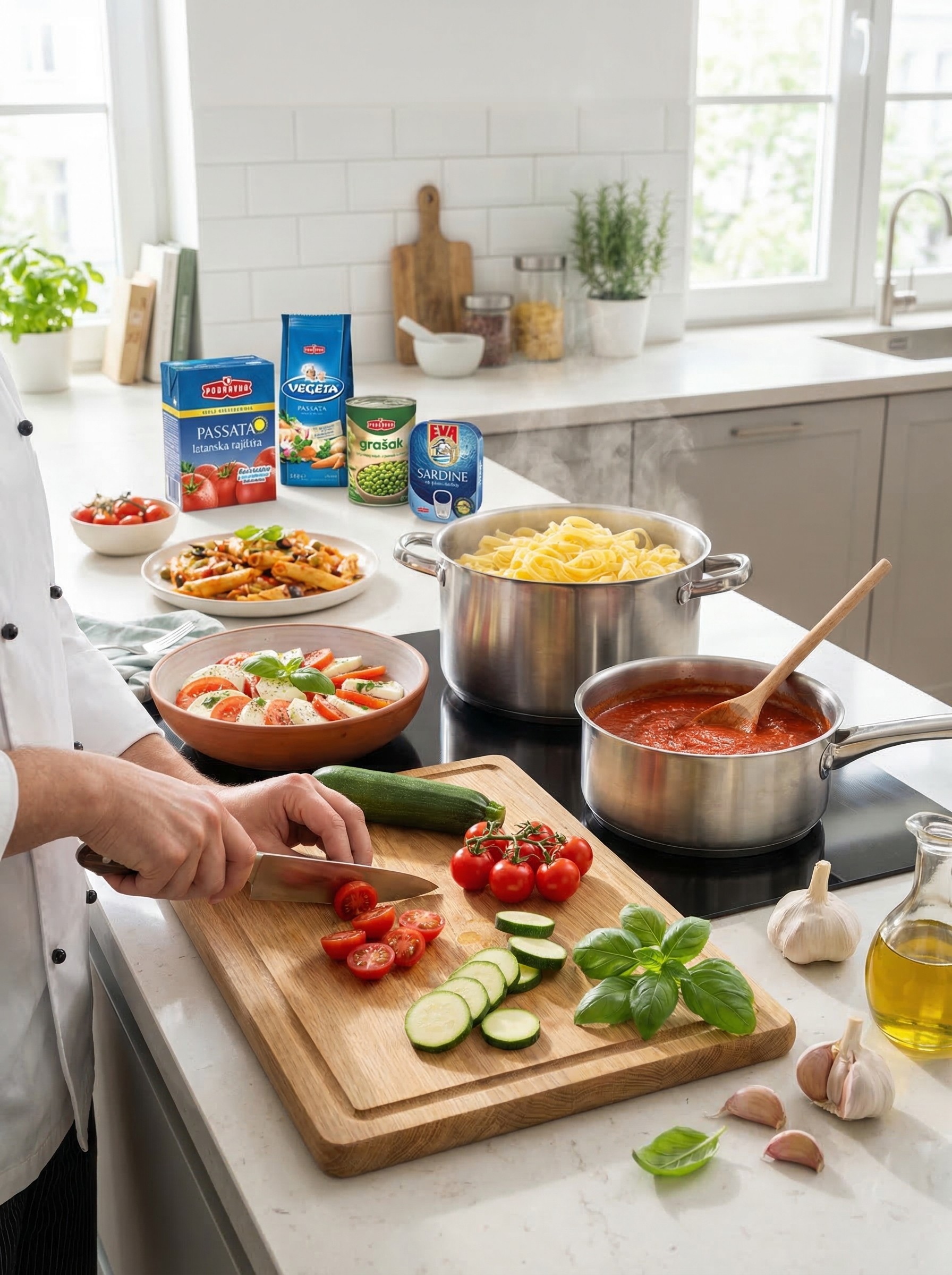Bereiding van mediterrane gerechten met pasta, groenten en saus in een moderne keuken