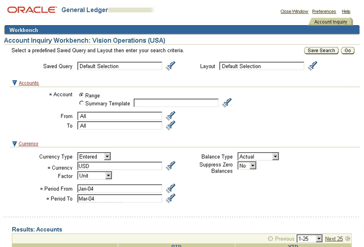 Oracle Financials — advanced search