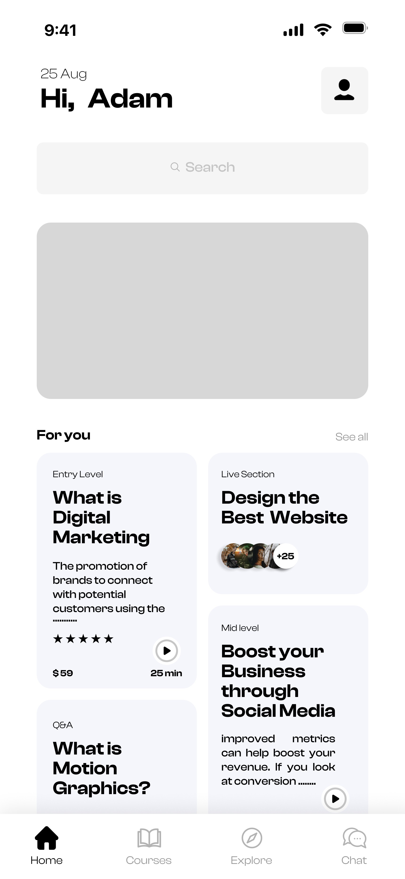 A mobile app interface displaying sections for digital marketing courses, website design lessons, and business social media strategies, with icons for navigation at the bottom and a greeting at the top.