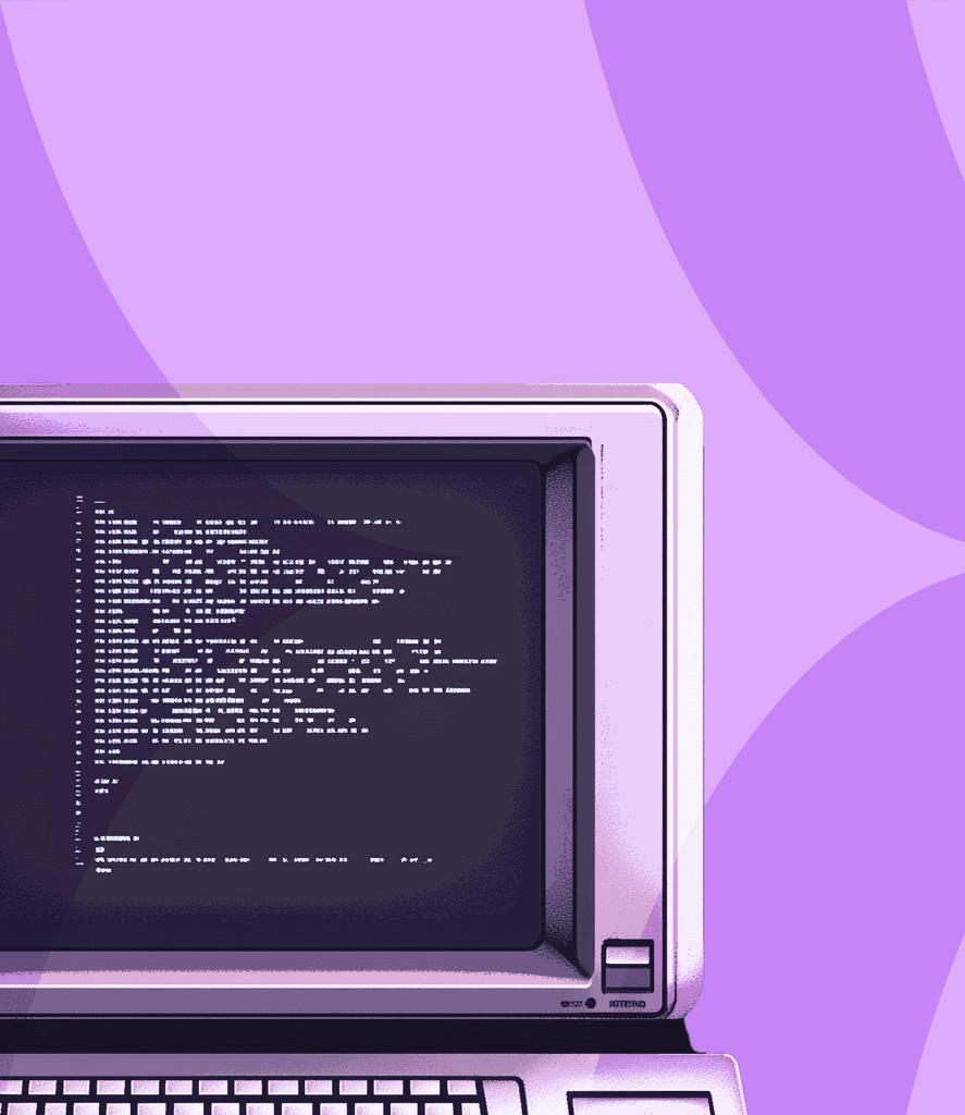 Vintage computer terminal displaying white code or command line text on a black screen, set against a purple background with curved design elements.