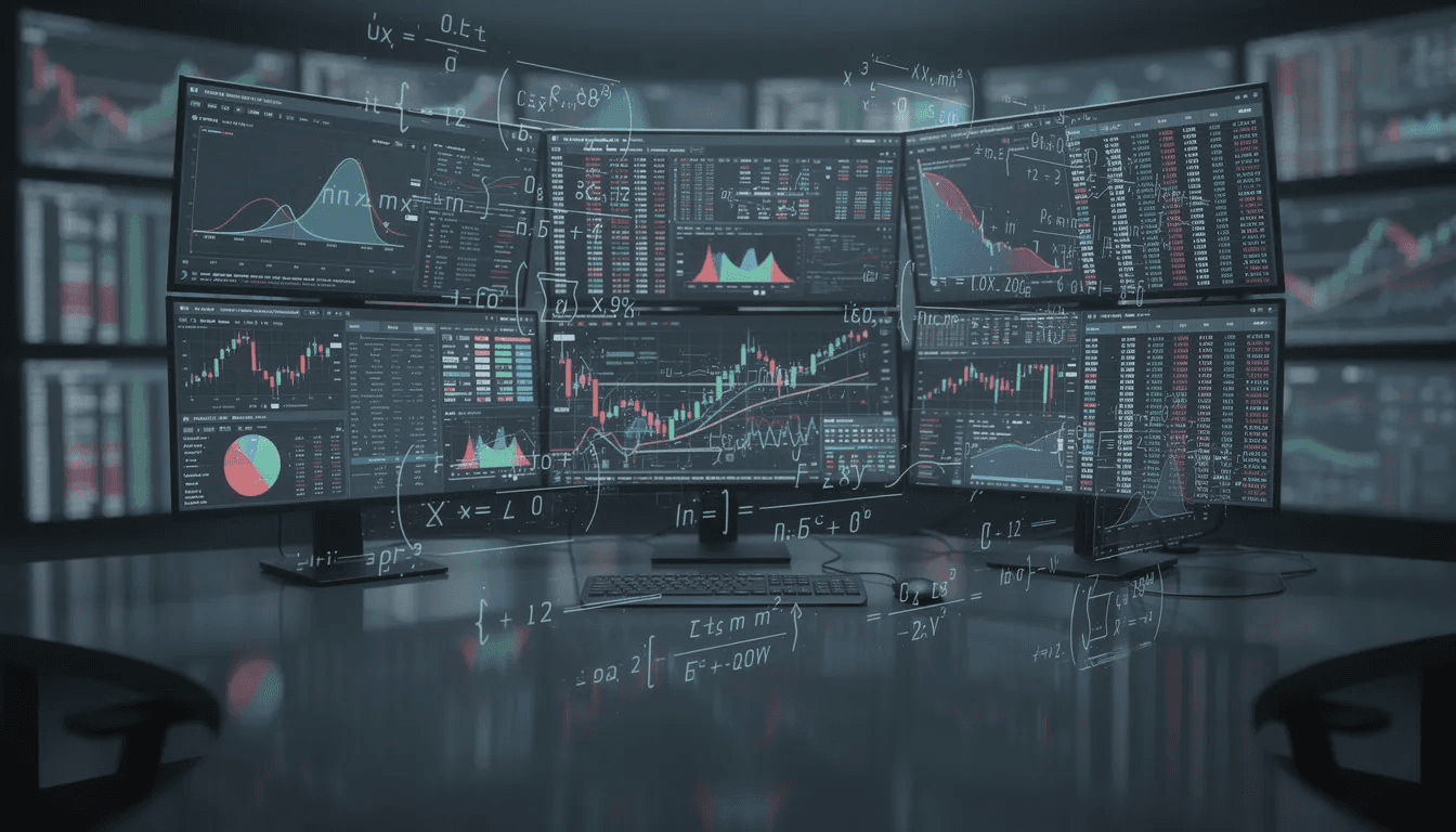 The image depicts multiple computer screens filled with complex mathematical equations and graphs, symbolizing the world of quantitative trading, particularly within the hedge fund industry. It highlights the analytical nature of investment strategies used by firms like Renaissance Technologies, showcasing the integration of mathematical models and algorithmic trading in financial markets.