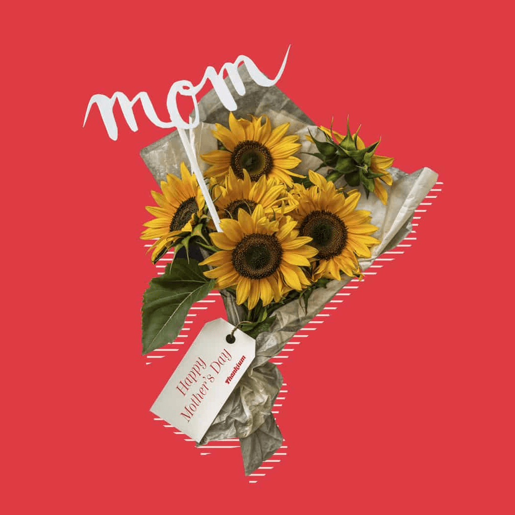 Ramo de girasoles para el Día de la Madre con tarjeta de felicitación.