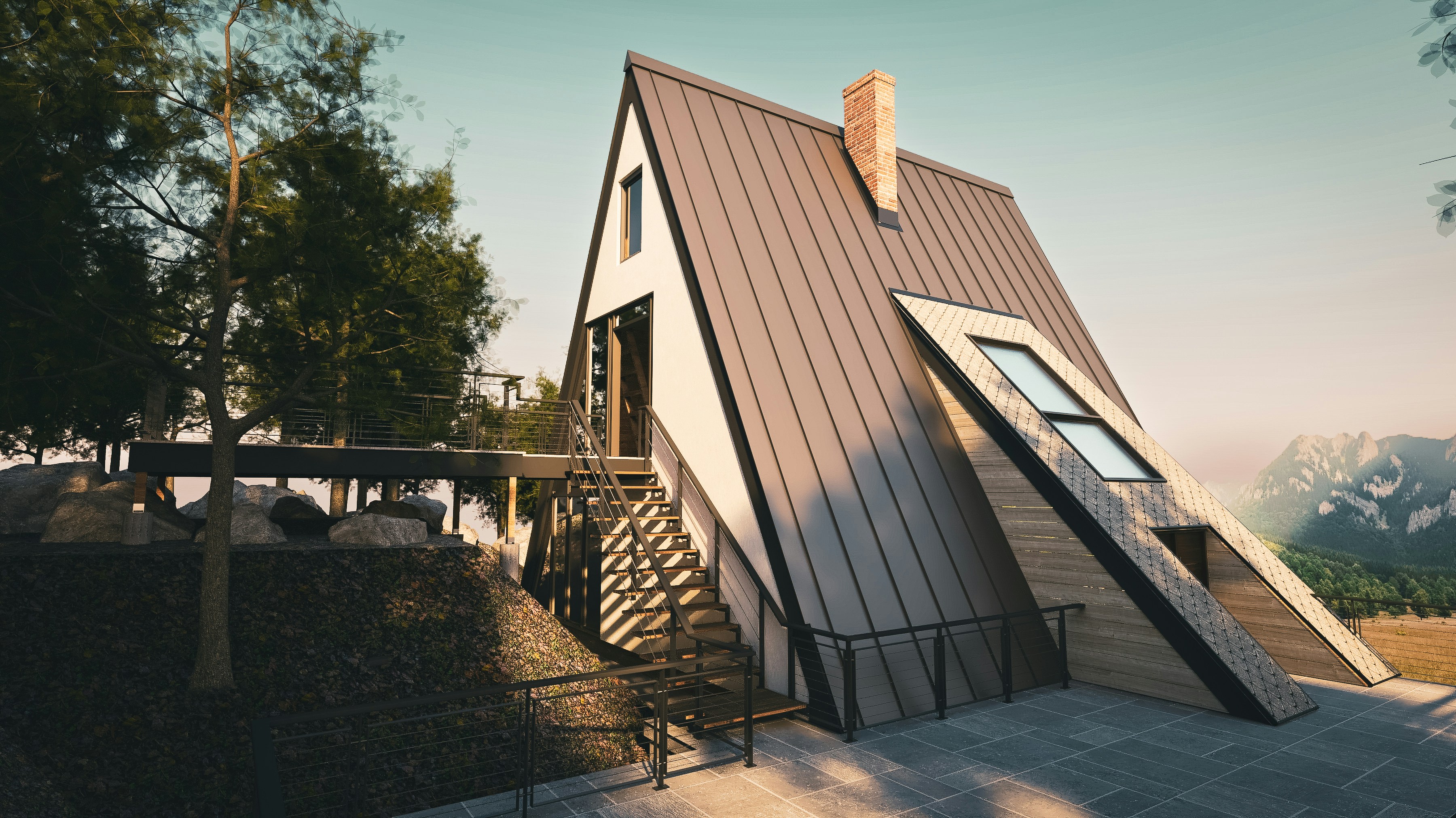 Architectural render of a modern A-frame mountain cabin with metal roofing, exterior stairs, large windows, and warm sunset lighting.
