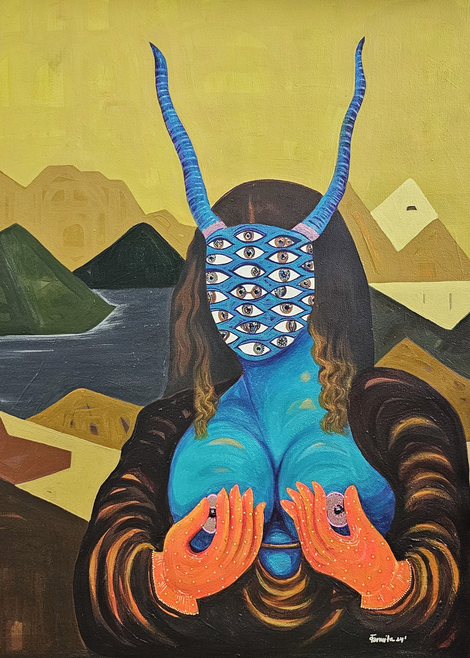 herd of sheep on road painting