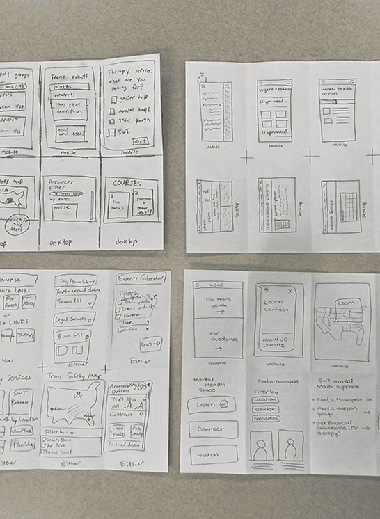 Four sheets of paper with design sketches.