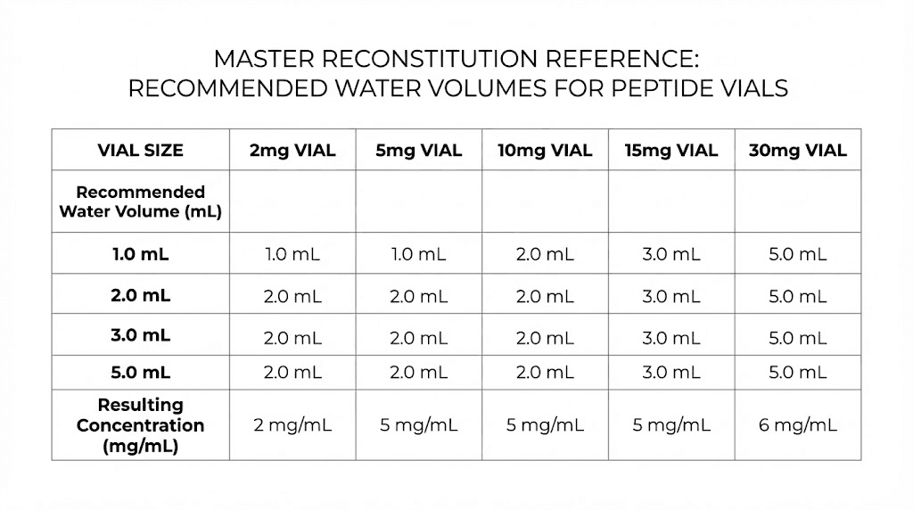 Peptide reconstitution water volume chart for all common vial sizes