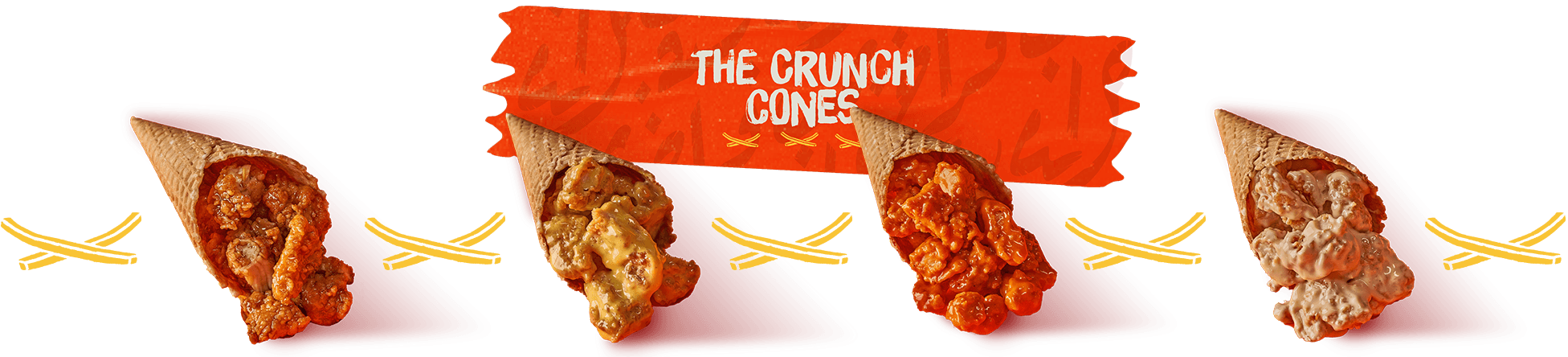 Chips & Chicks Crunch Cones lineup — four waffle cones filled with different sauced crispy chicken varieties under red tape banner with crossed fries icons — menu item photography and creative direction by Makers' Studio