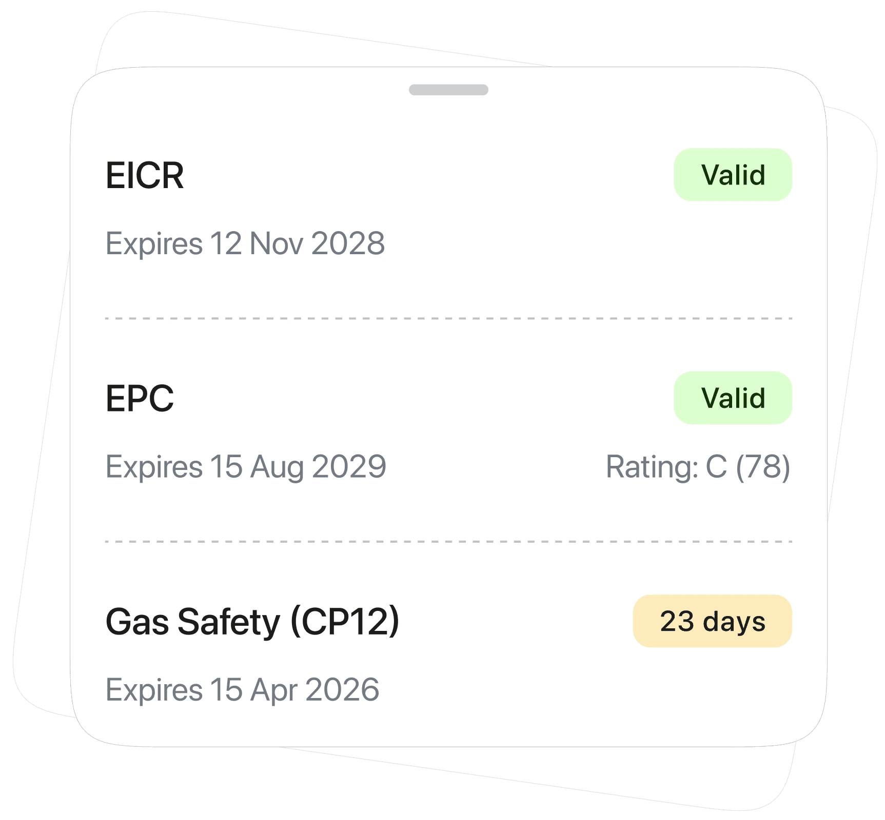 HMO compliance documents stored in August. EICR, EPC and Gas Safety CP12 certificates with expiry dates and renewal status.