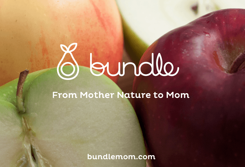 The image shows three apples: a red apple, a green apple cut in half, and a peach or apricot. The text "bundle" is overlaid on the image, stylized with a pear-shaped outline. Below it, the text "From Mother Nature to Mom" is displayed, and the website address "bundlemom.com" is shown at the bottom.