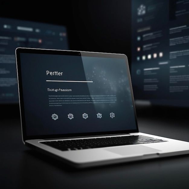 A person wearing headphones sits at a desk with a large curved monitor displaying graphic design software, surrounded by a laptop, smartphone, and potted plant, creating a modern workspace setup.