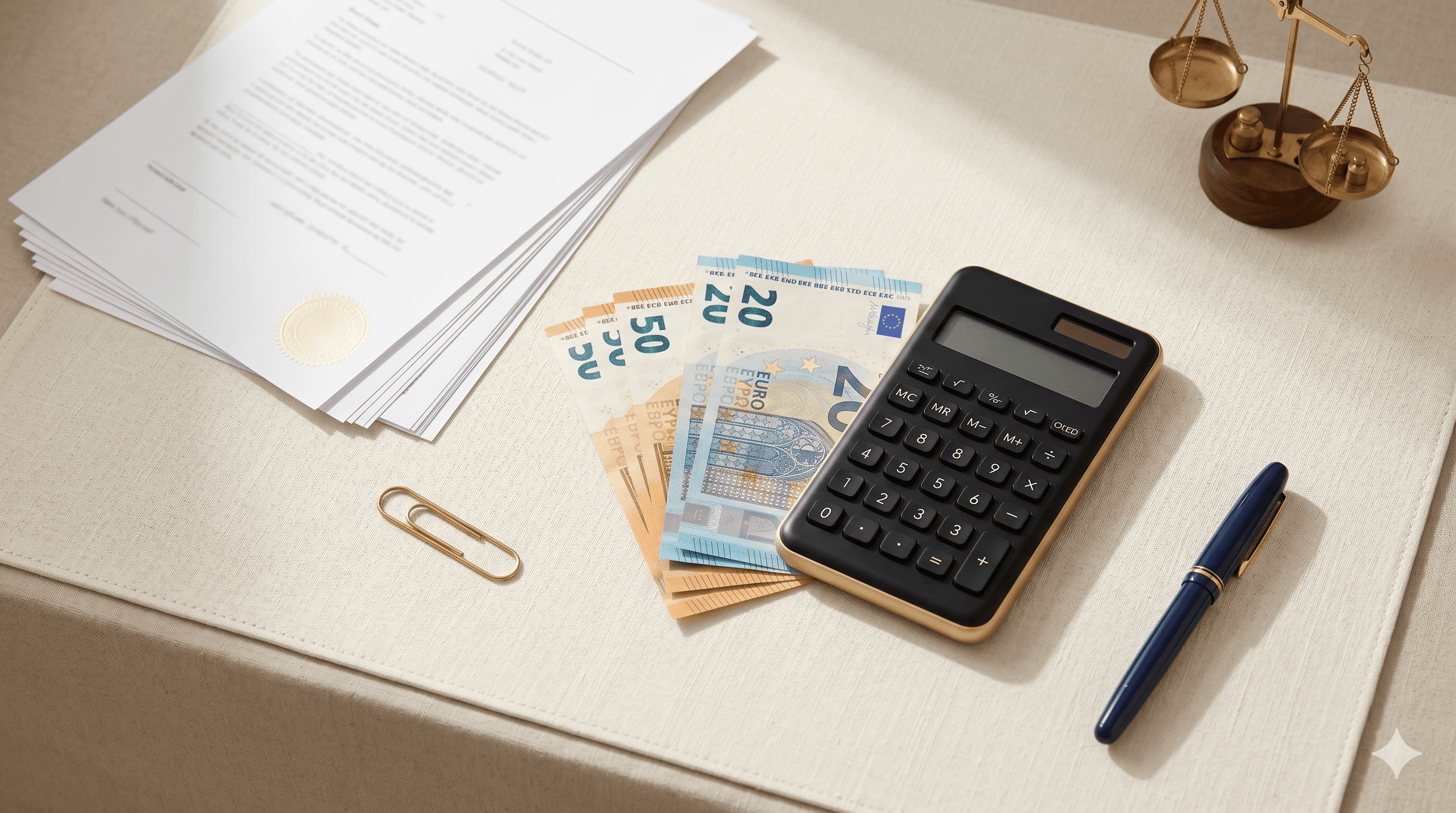 A flat-lay of euro banknotes, a calculator, a financial document with an official seal, and a small brass scale, illustrating the income threshold comparison between Portugal's D7 and D8 visas.