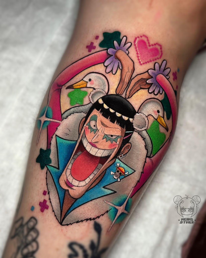 Fun and lively tattoo of Bon Clay from One Piece, surrounded by vibrant colors, hearts, and playful imagery by artist Meiko Sthef