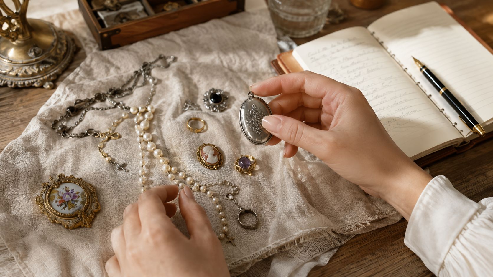 A person delicately holding a vintage silver locket surrounded by antique jewelry on a linen cloth.