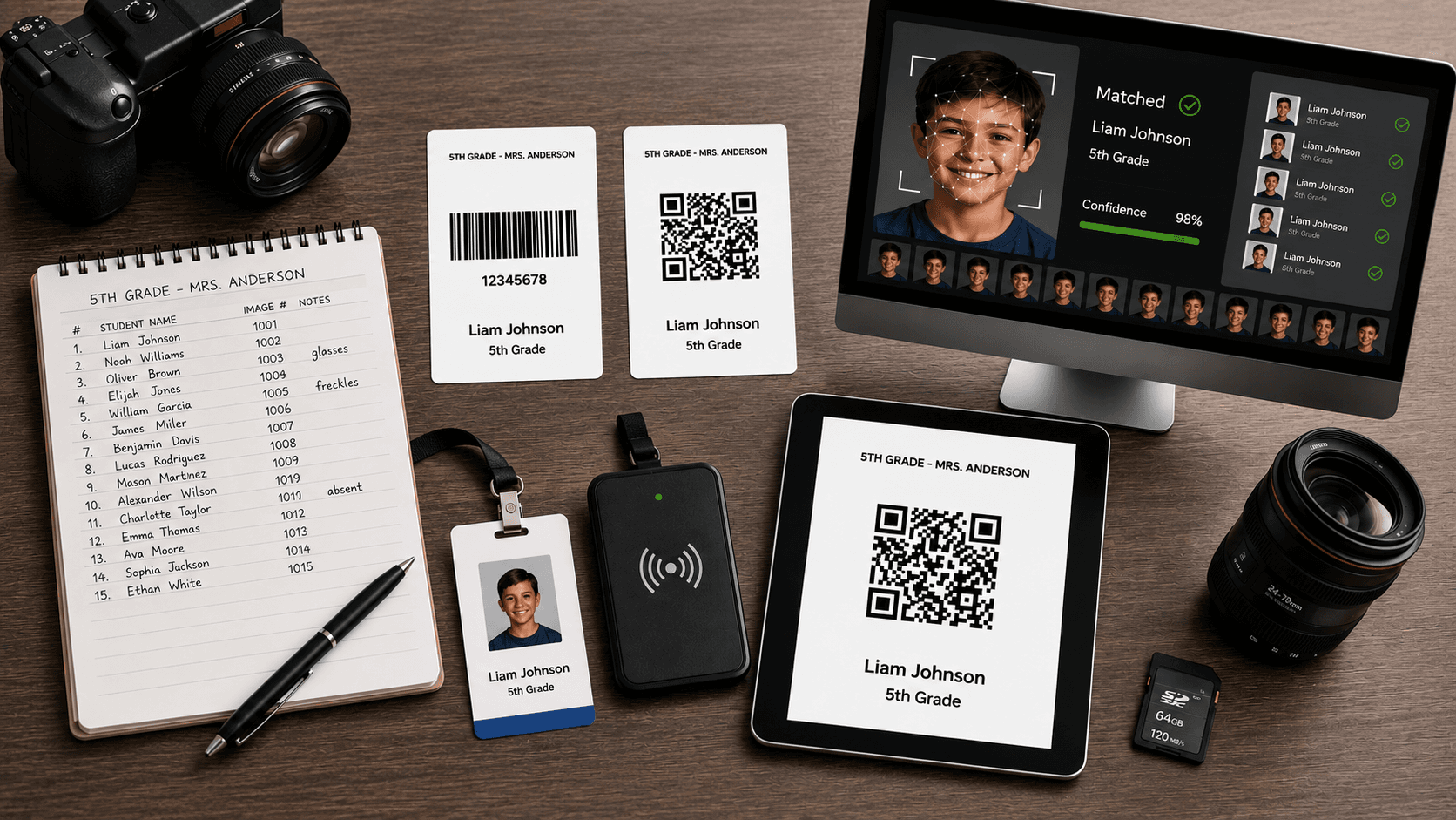Six student identification methods used in school photography, including manual records, barcodes, QR codes, facial recognition, hybrid workflows, and RFID/NFC technology.