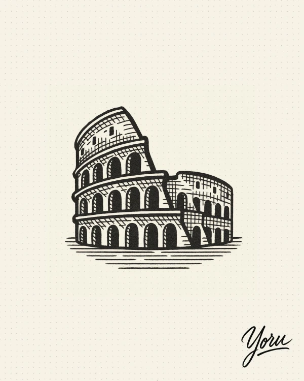 Diseño de tatuaje del Coliseo de Roma, en estilo de grabado con sombreado de líneas.