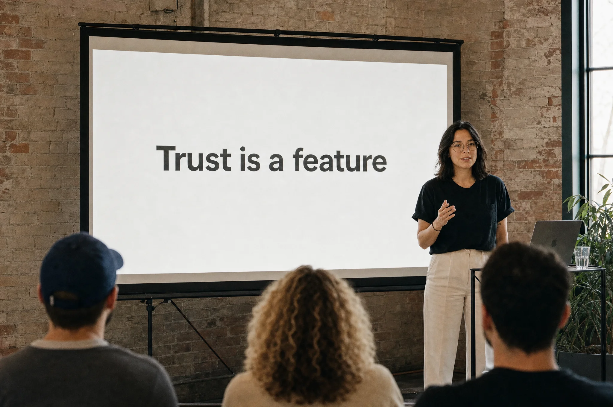 Ida Roslund giving her talk Trust is a feature to a room of designers