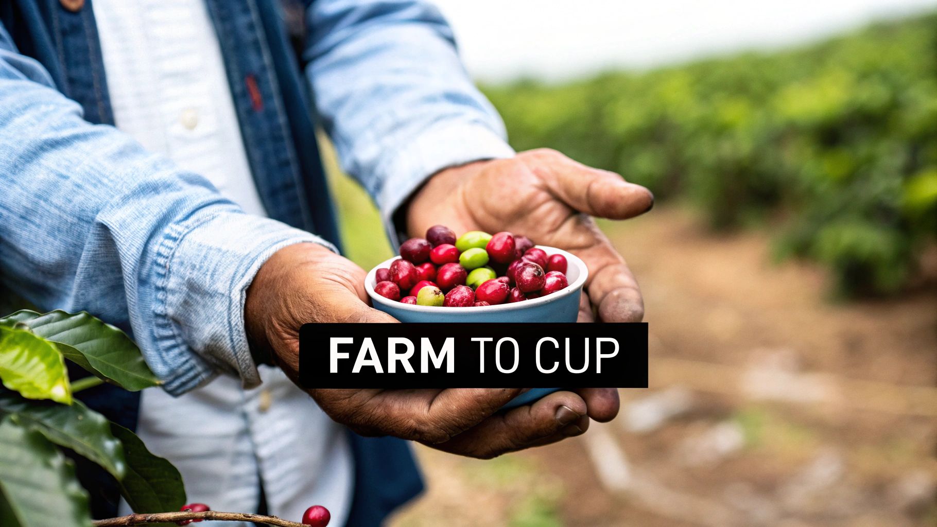 A farmer's hands hold a bowl of ripe and unripe coffee cherries, illustrating the farm-to-cup process.