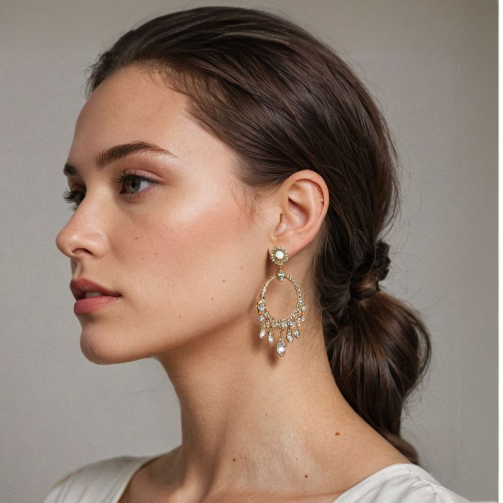 Brunette AI model wearing statement earrings, jewelry photo made with Caspa AI