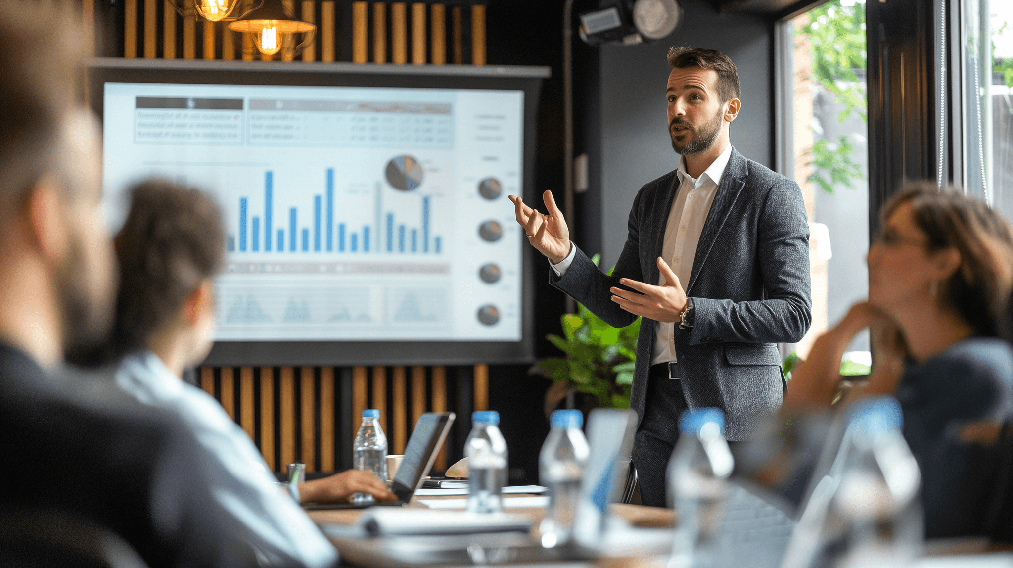 A business professional presenting data on a screen to an engaged audience in a modern meeting room.