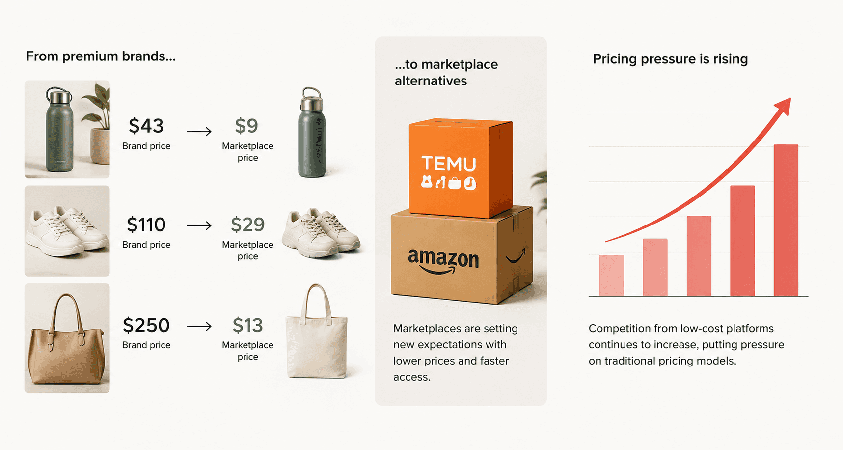 Graphic showing pricing pressure from low-cost marketplaces like Temu and Amazon