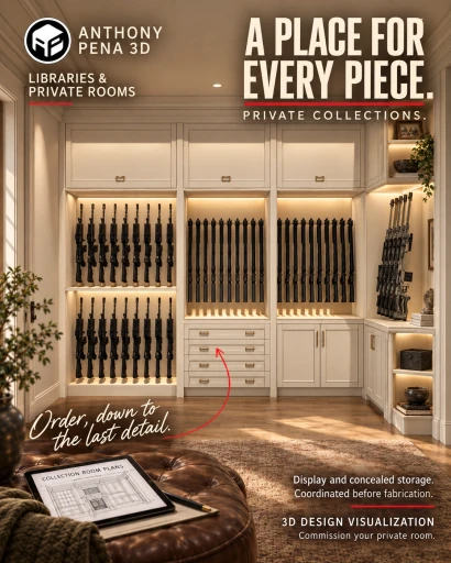 Concept cover of a collection room with illuminated display bays and lower drawers.