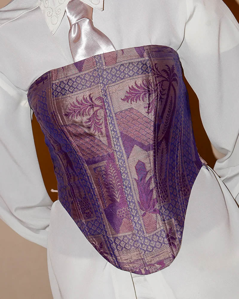 Falak II purple silk tube corset, handcrafted from vintage silk saree with delicate motifs and lace-up back.