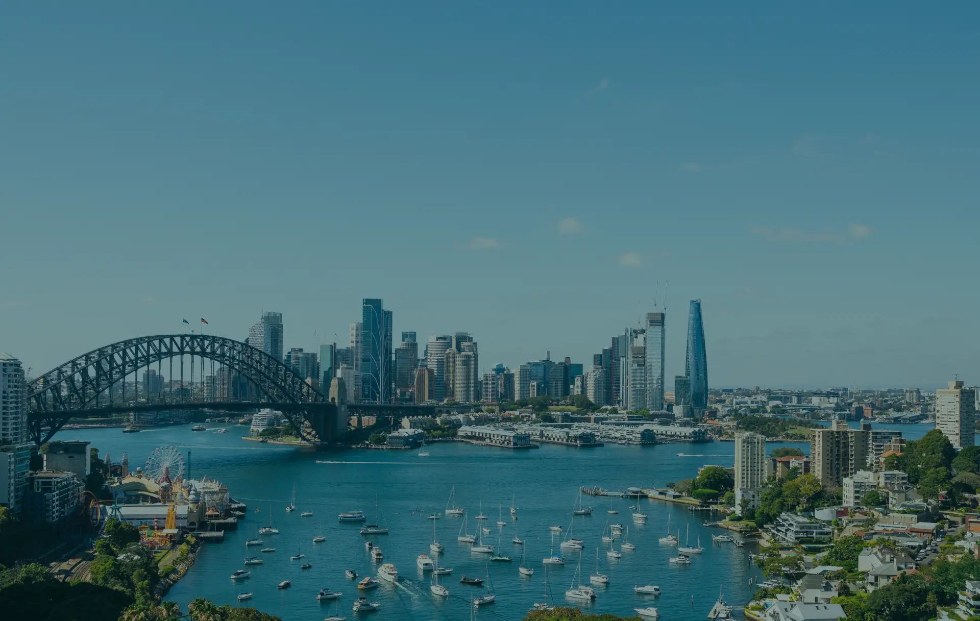 Sydney Harbour Bridge and skyline with boats