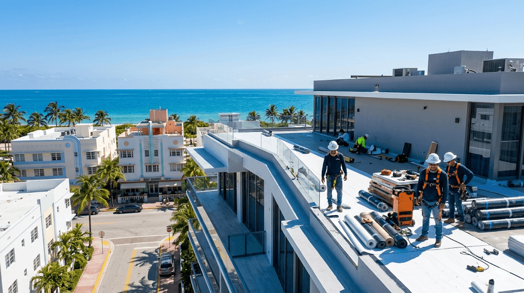 Roofing contractor Miami Beach FL — luxury flat roof replacement on high-value beachside property by Roofing Network licensed contractor