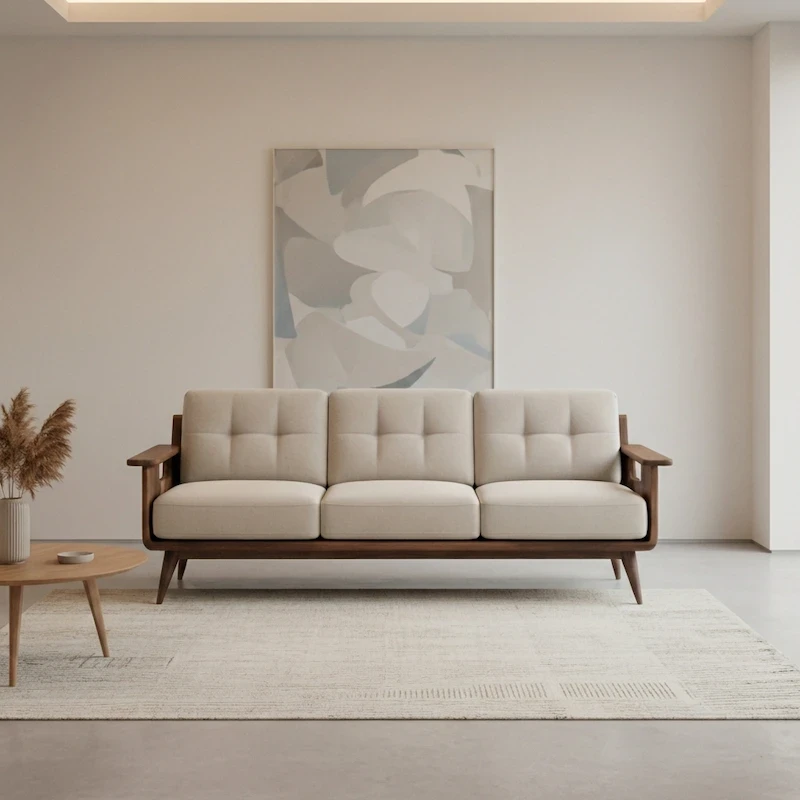 Three‑seater cream upholstered sofa with tufted back cushions and wooden arm frame