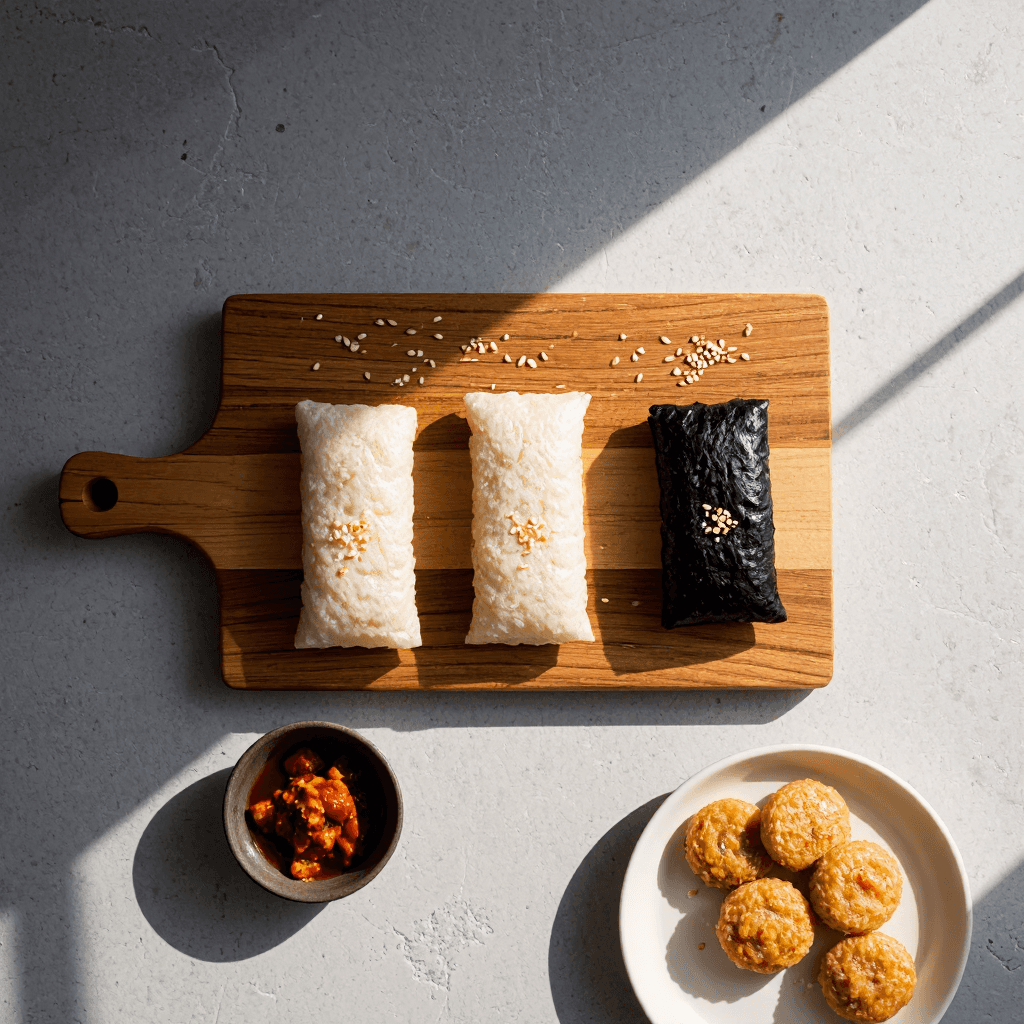 product photography of a plate of rolled seaweed rice with side dishes