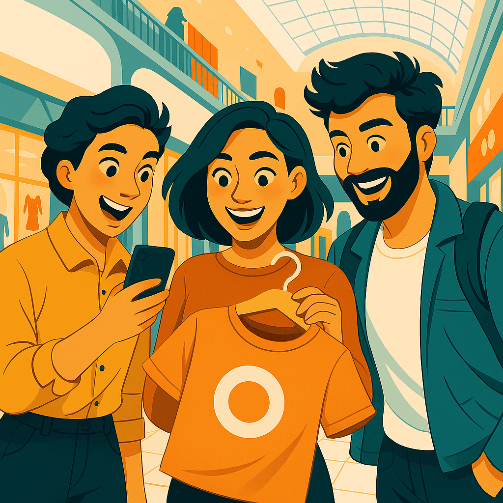 friends participating in a scavenger hunt at the mall