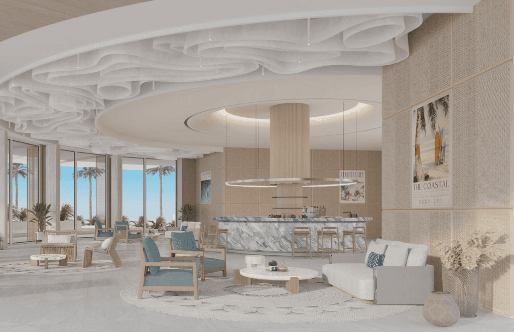 Modern hotel lobby rendering at Ellington Sands, Dubai Islands, featuring sleek furniture and contemporary design elements.