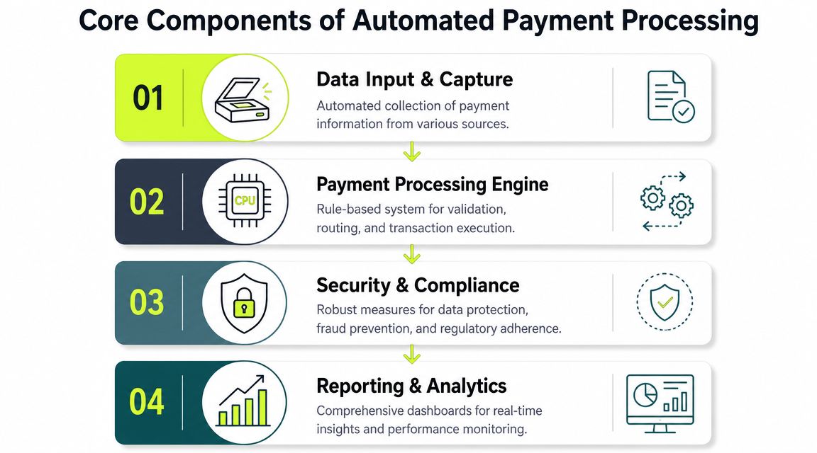 A diagram illustrating the four core components of an automated payment processing system for businesses.