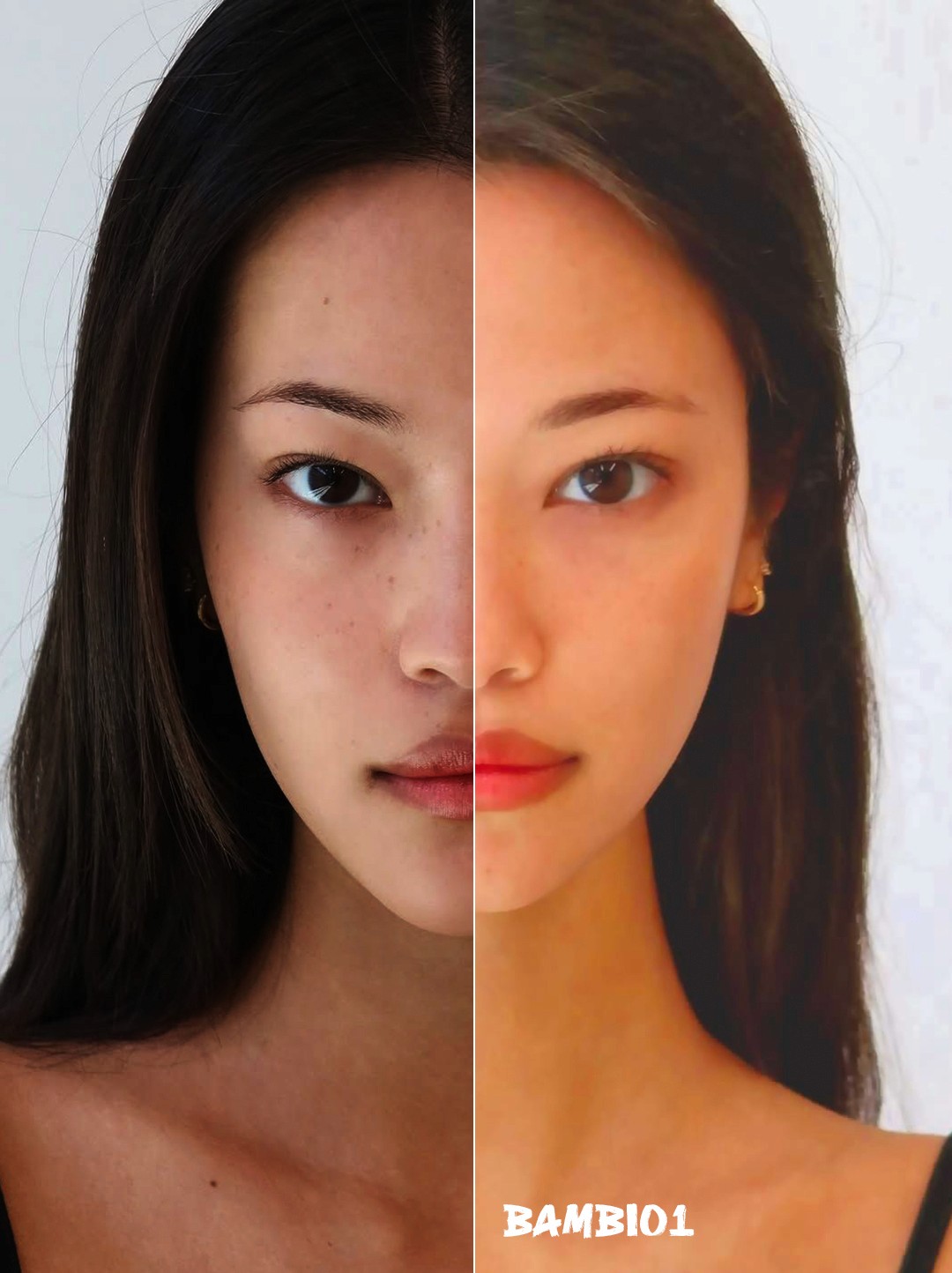 Retrica Face AI preset before and after — one face transformed into four different beauty moods