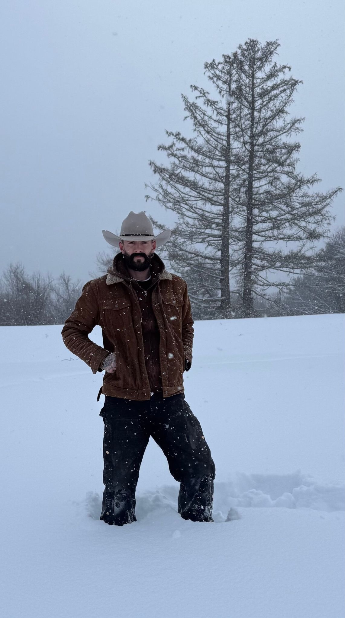 Man in cowboy hat standing waist-deep in snow during snowfall beside tall winter trees.