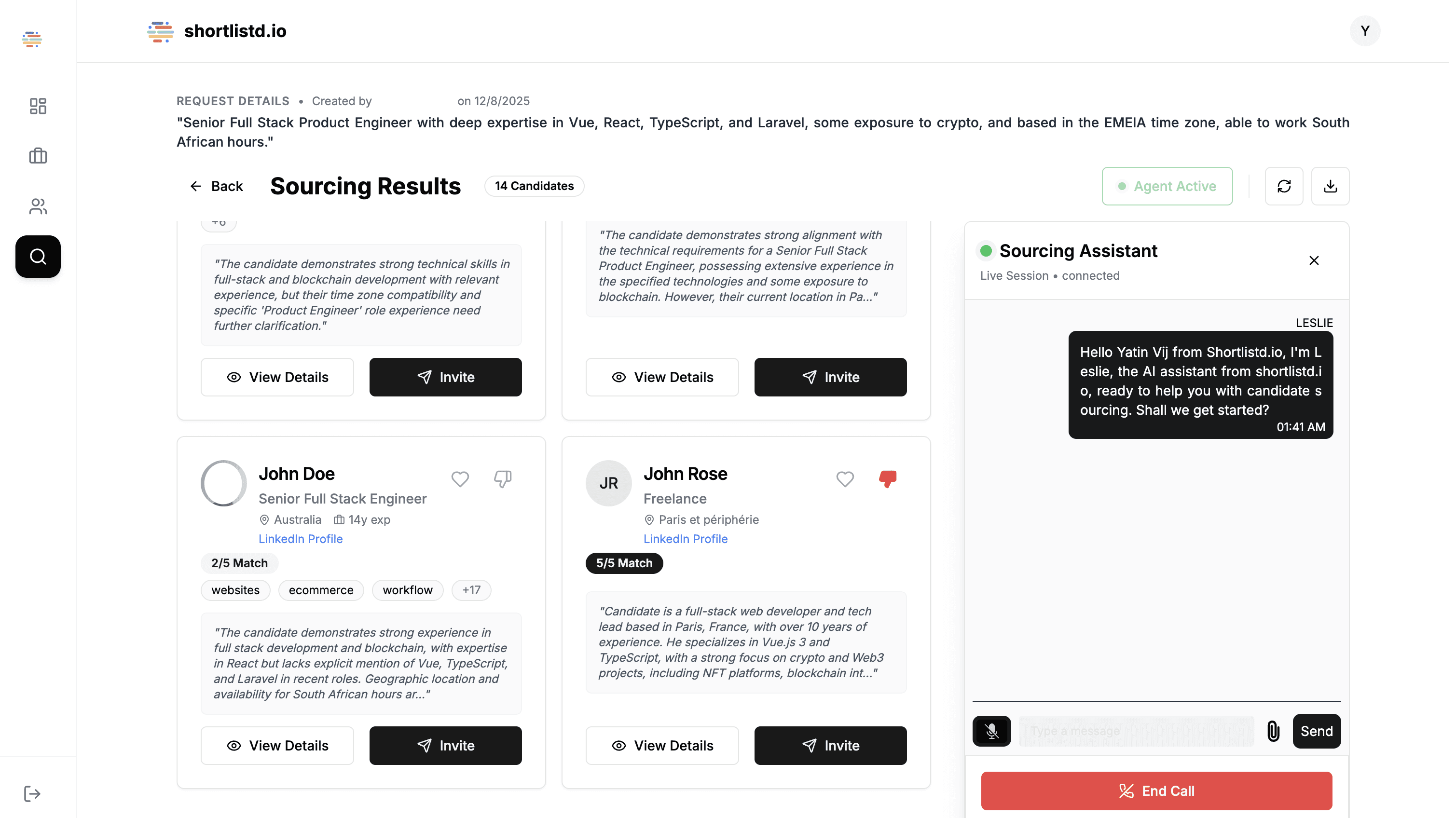 AI candidate sourcing dashboard searching 800 million global professional profiles using semantic matching instead of keyword filters