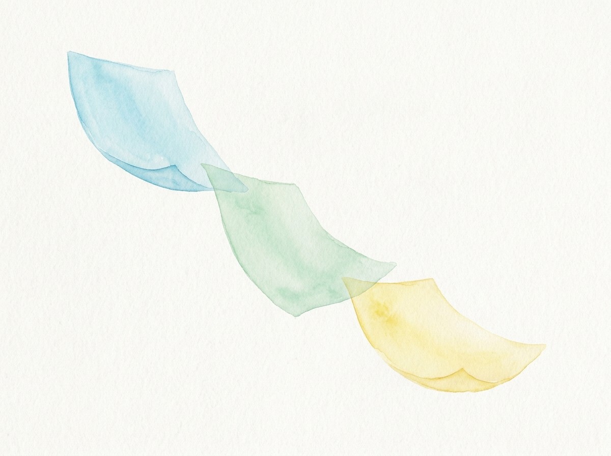 Watercolour of three coloured sheets falling in a cascade, suggesting notice pages passing from one desk to the next.