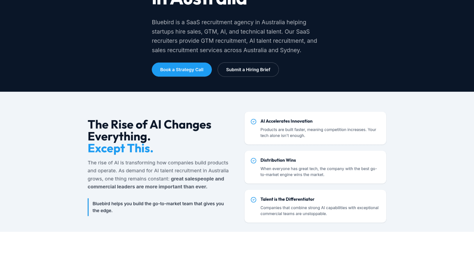 Bluebird SaaS recruitment agency homepage