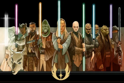 Concept Art for The High Republic showing 10 Jedi standing next to each other with various colored lightsabers