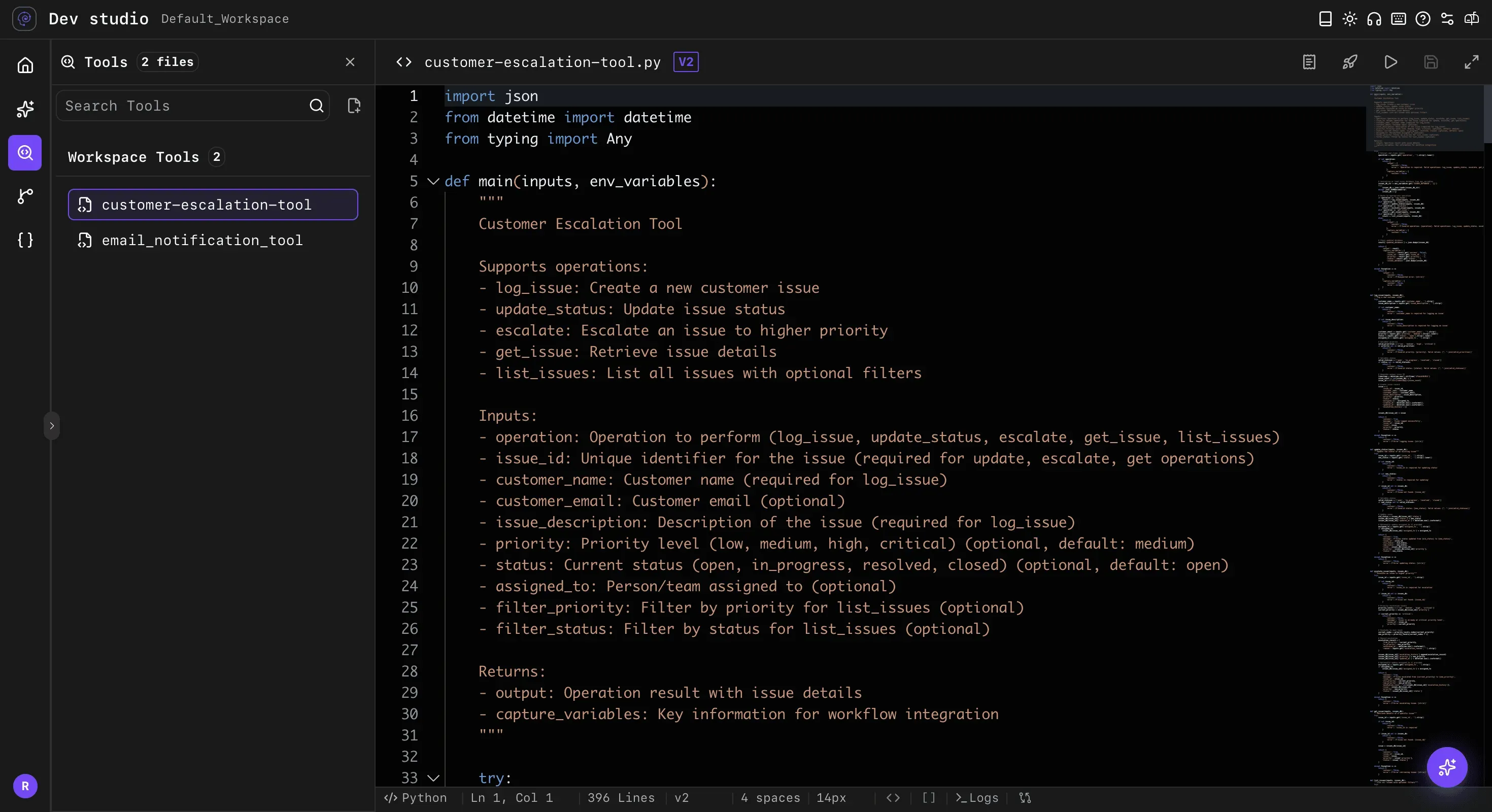 Dark-themed developer IDE showing AI workflow code editor, backend integrations, and execution logs