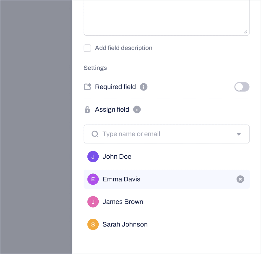 Side menu to assign a field with user options.