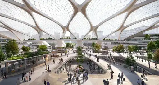  Futuristic public space with glass canopy, lush landscaping, and bustling pedestrian walkways.