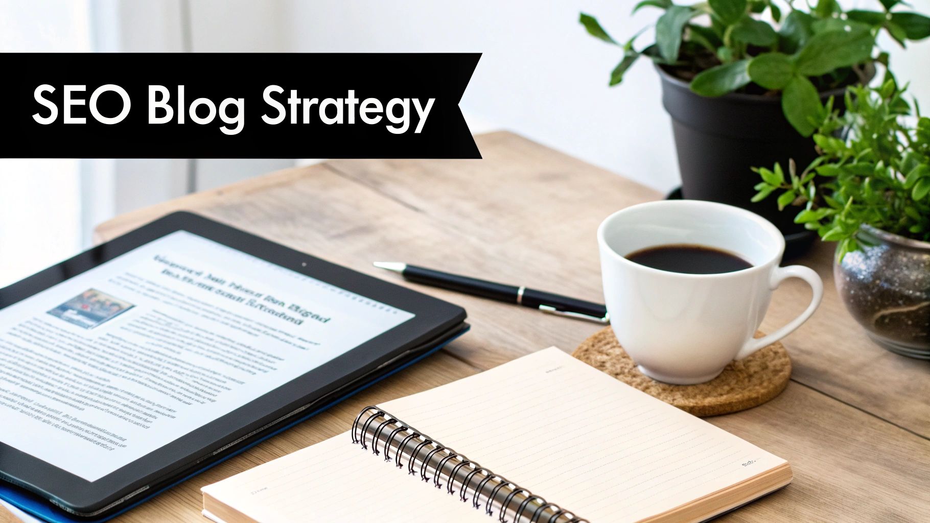 A desk with a tablet showing 'SEO Blog Strategy' text, a notebook, a coffee cup, and plants.