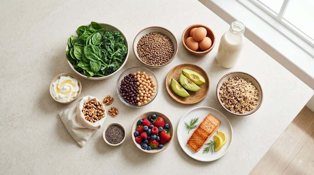An overhead view of several bowls on a light counter, containing various healthy foods that are rich in fiber and nutrients, including lentils, spinach, kale, black beans, walnuts, avocado, blueberries, strawberries, and a piece of cooked salmon.