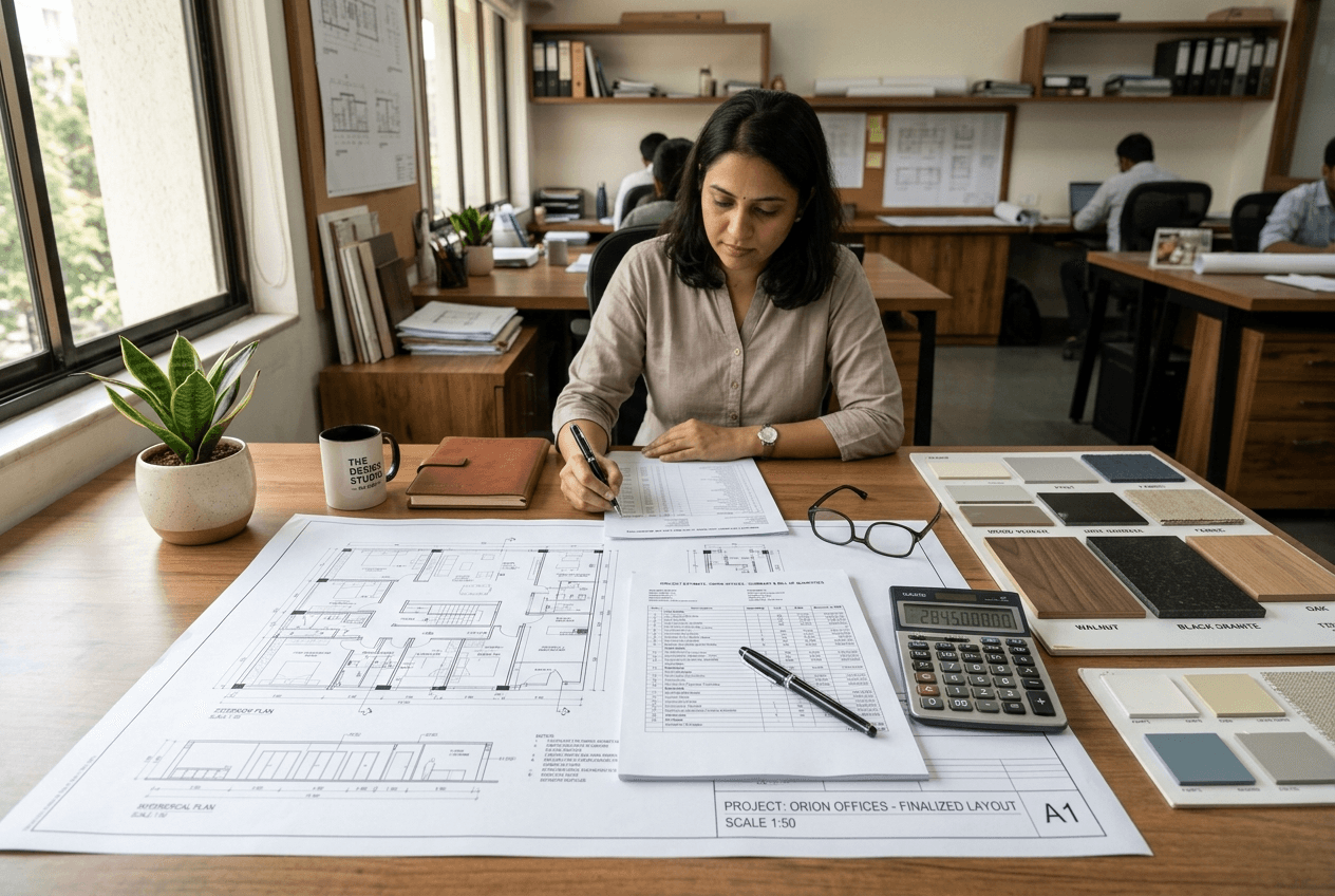 Architect reviewing a blueprint with a pencil, focusing on floor plan details. Design and construction planning.