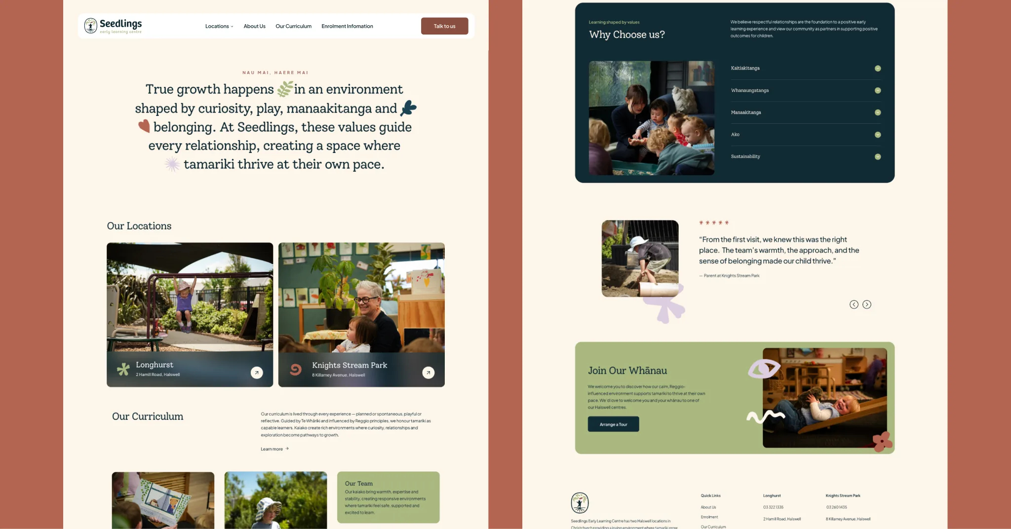 Two desktop views of the Seedlings Early Learning website: the homepage with location cards for Longhurst and Knights Stream Park, and a Why Choose Us section with a parent testimonial