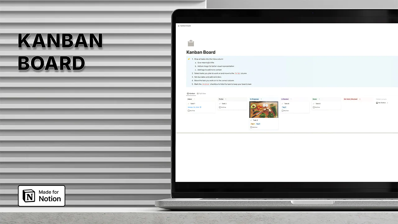 Notion Kanban Board template on laptop screen, showing customizable columns for task management. Features project tracking and workflow visualization in Notion's interface. Copy